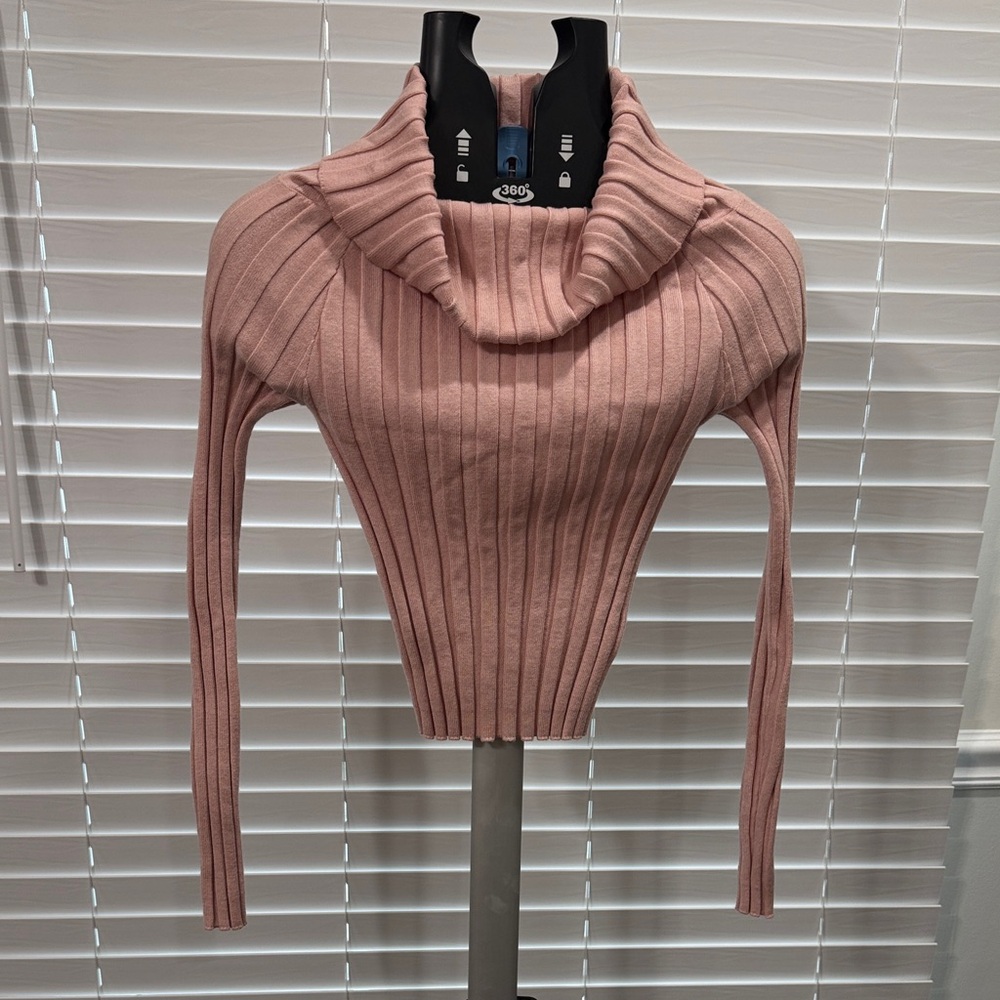Ribbed Cowl Neck Sweater - Dusty Pink.